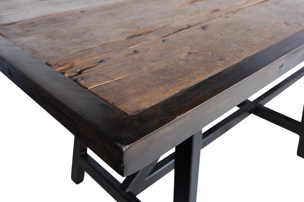 Bar Height Island Table, Vintage Elm Steel Framed Top, Ebony Patina Angle Base