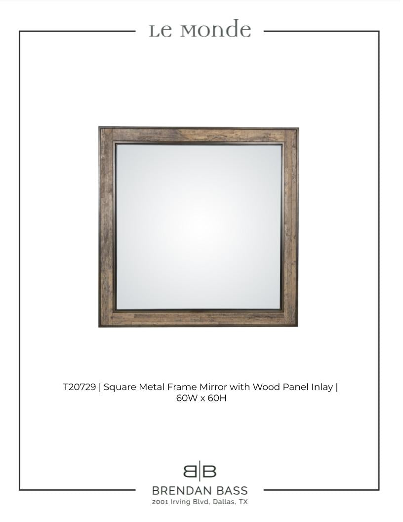 Square Metal Frame Mirror with Wood Panel Inlay