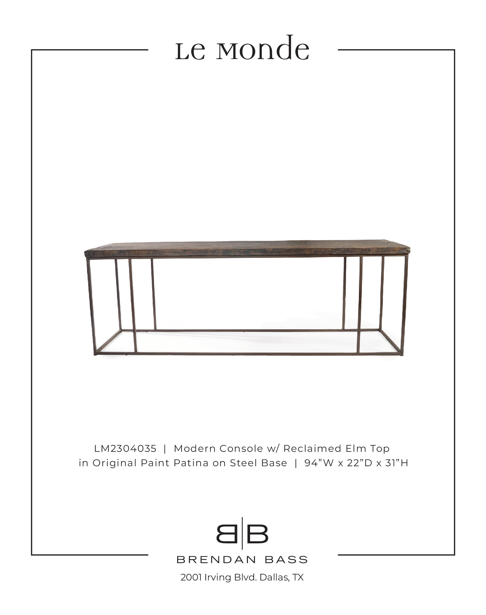 Modern Console with Reclaimed Elm Top in Original Paint Patina on Steel Base