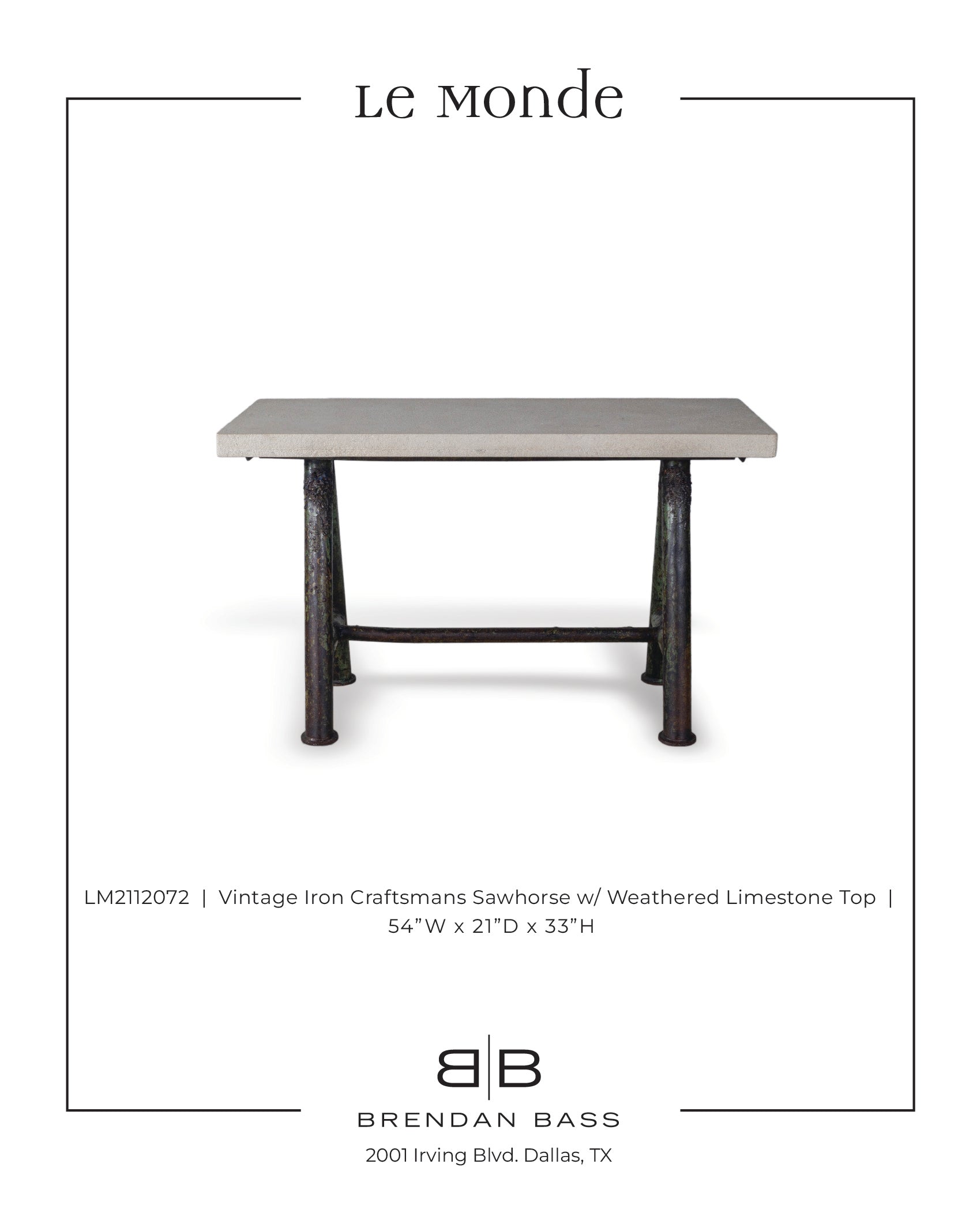 Vintage Cast Iron Craftsman's Sawhorse with Heavily Weathered Limestone Top