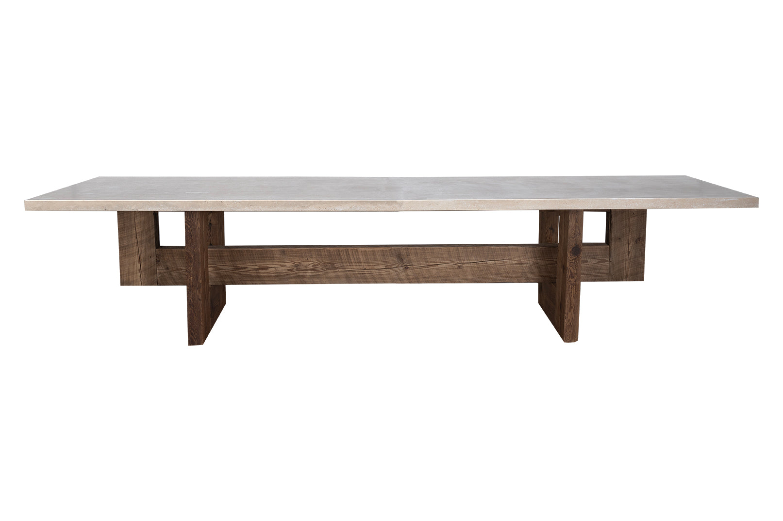 Travertine Top on Geometric Pine Base Dining Table
