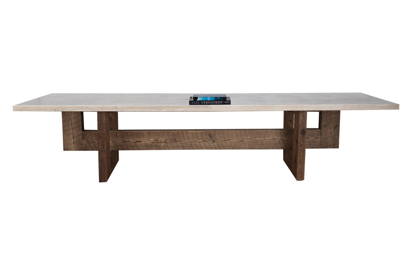 Travertine Top on Geometric Pine Base Dining Table