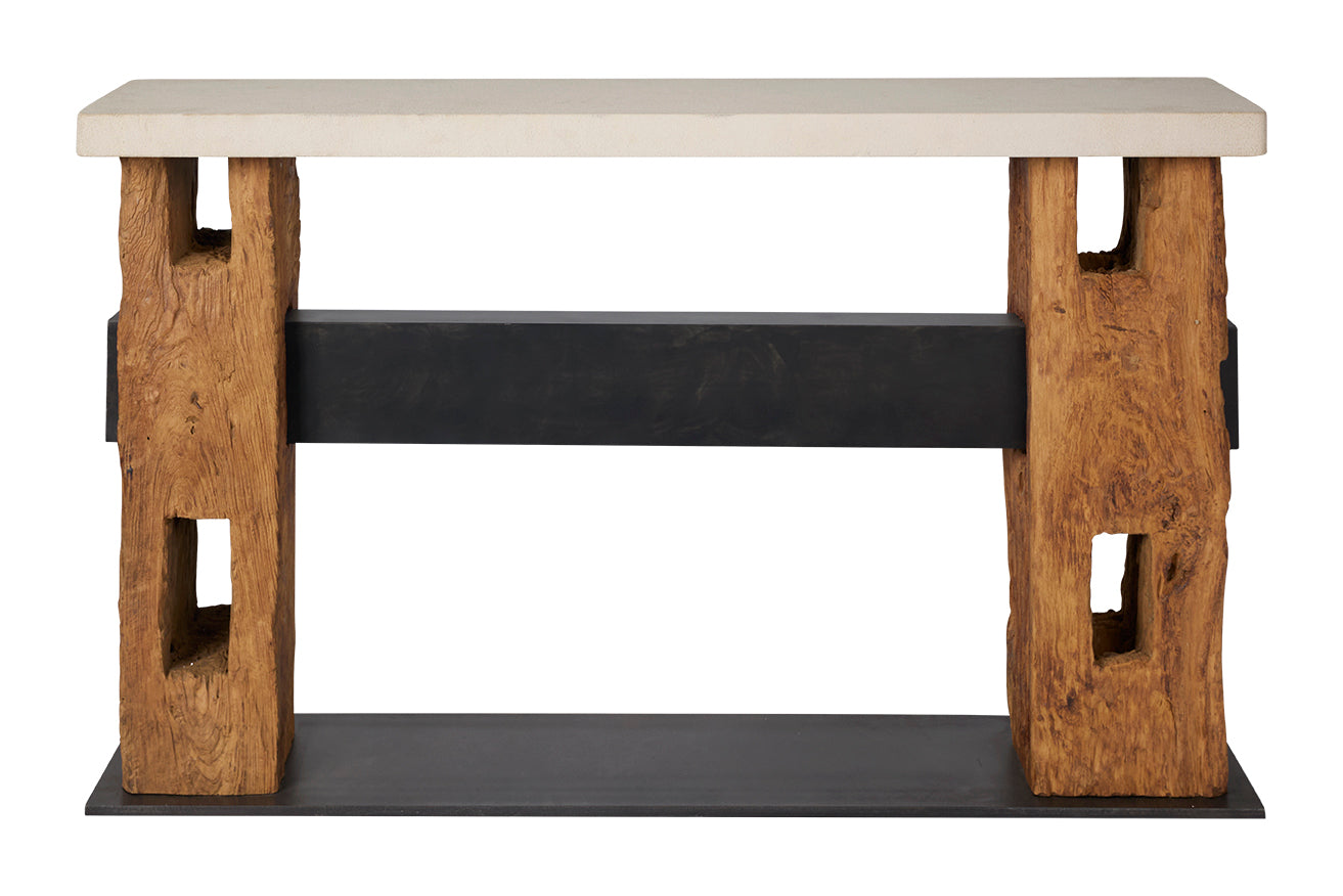 Reclaimed Architectural Pine Beams with Metal Stretcher and Limestone Top
