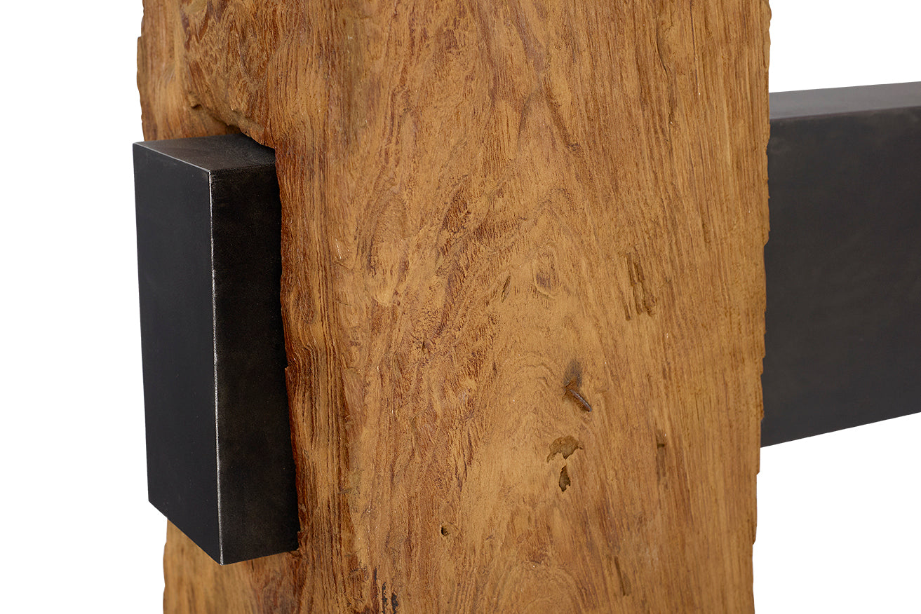 Reclaimed Architectural Pine Beams with Metal Stretcher and Limestone Top