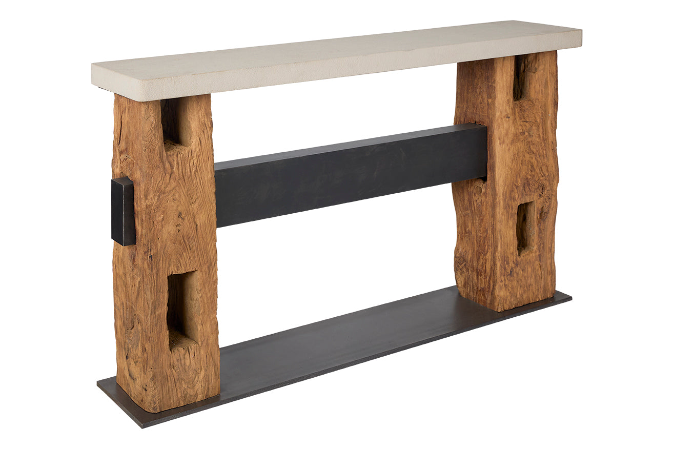 Reclaimed Architectural Pine Beams with Metal Stretcher and Limestone Top